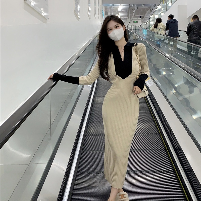 COZOK Đầm Dệt Kim Cổ Chữ V Phối Màu Tương Phản Cá Tính Cho Nữ