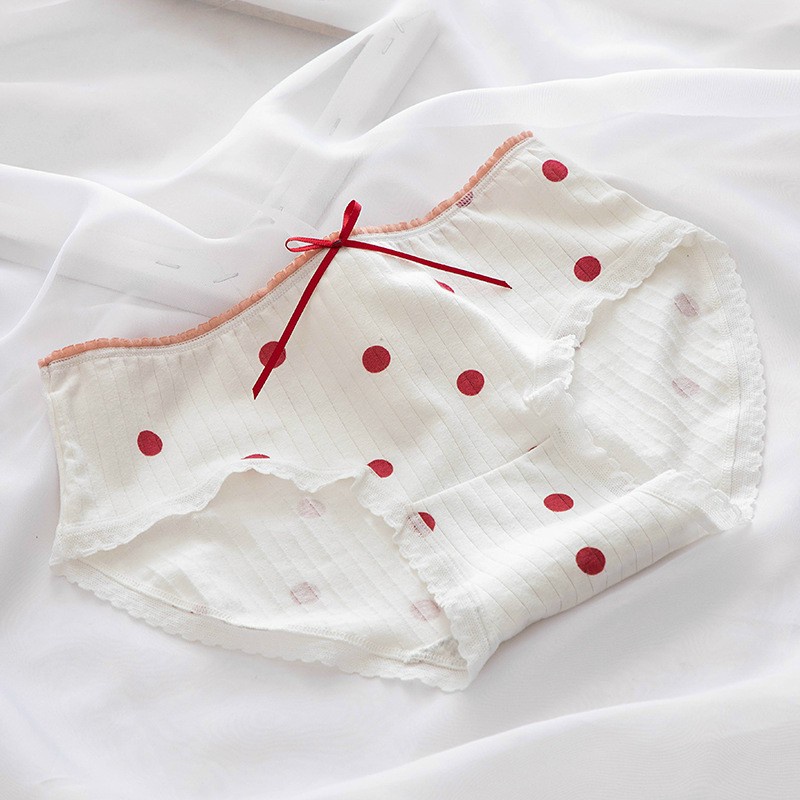 Quần Lót Cotton Tăm Viền Ren Phối Nơ Tông Trắng Đỏ