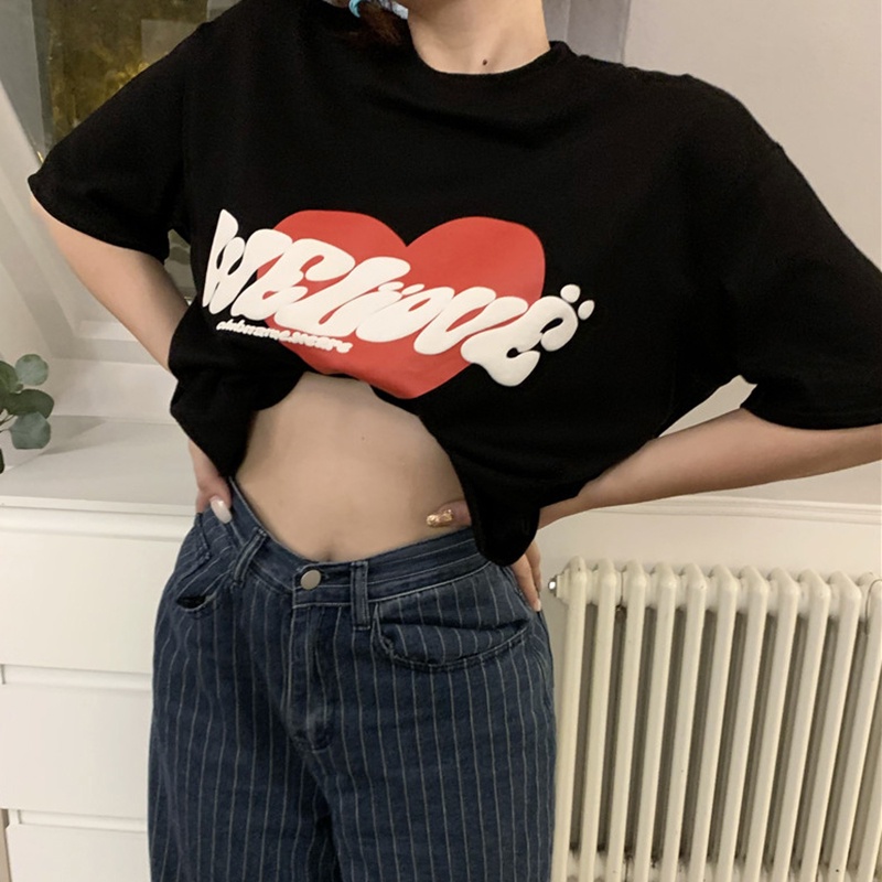 IELGY   Áo Thun Nữ Ngắn Tay In Hình Trái Tim