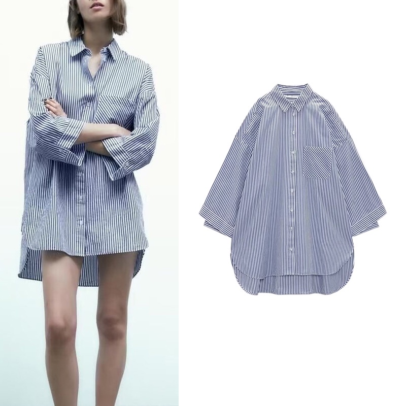 ZARA Áo Sơ Mi Dáng Rộng Hoa Văn Kẻ Sọc Giản Dị Thời Trang Mùa 5216040