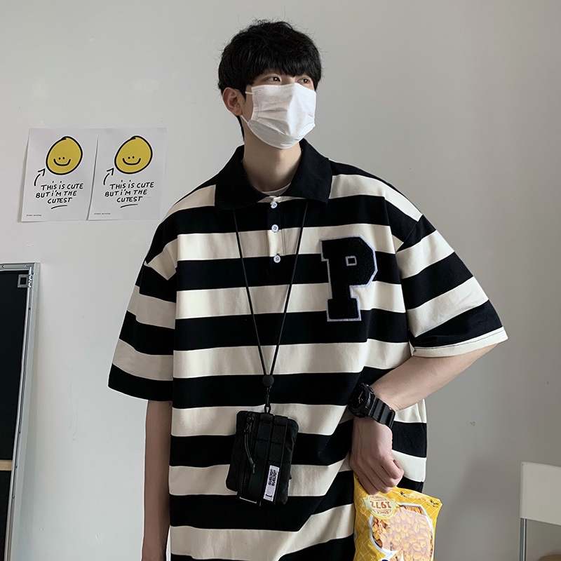 Áo Thun Polo Ngắn Tay Dáng Rộng Họa Tiết Kẻ Sọc Hợp Thời Trang Cho Cặp Đôi