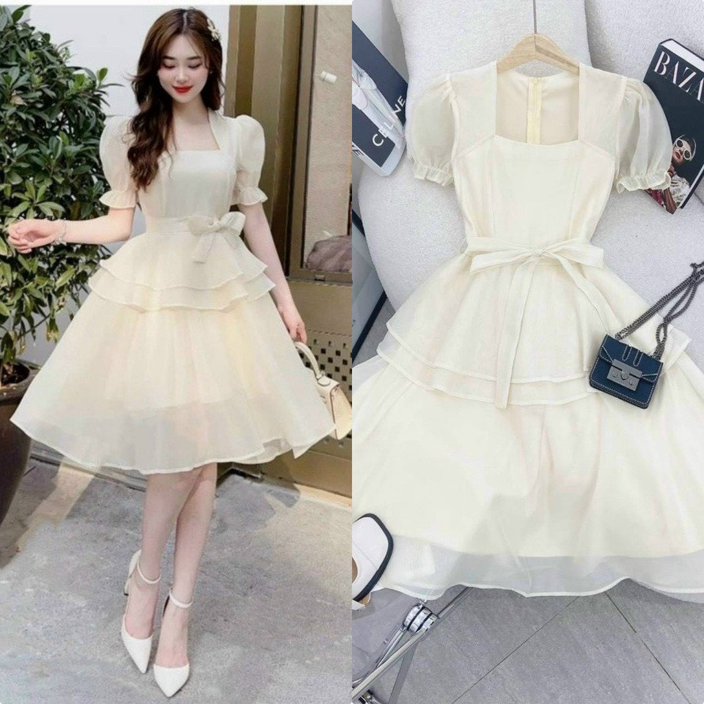 Đầm voan chifon tay ngắn phồng dáng mini xòe có cột nơ bánh bèo dễ thương