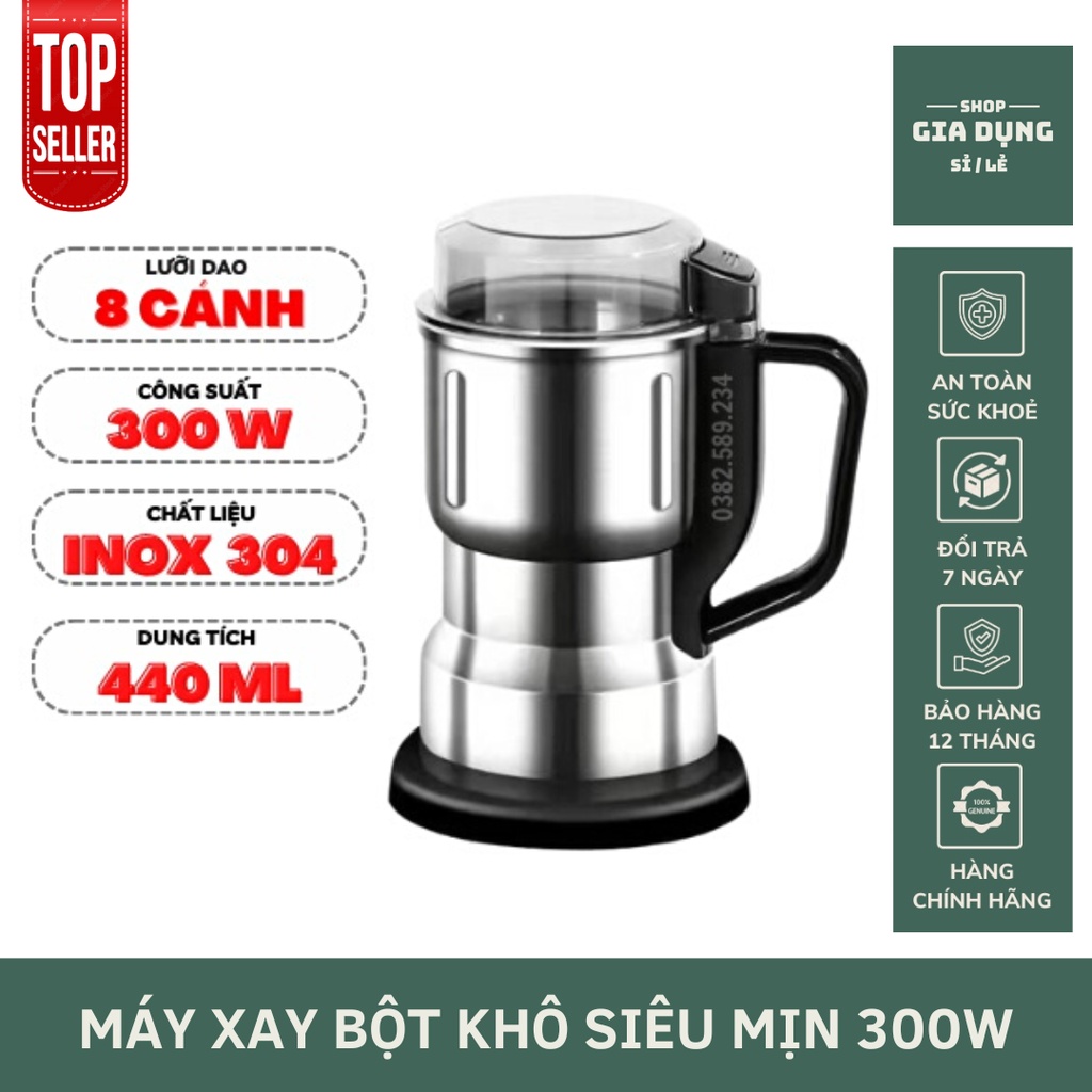Máy Xay Bột Khô Siêu Mịn Công Suất 300W, 8 Lưỡi Dao Đa Năng - Dụng cụ Nghiền Đồ Khô, Hạt Cà Phê, Ngũ Cốc, Gia Vị