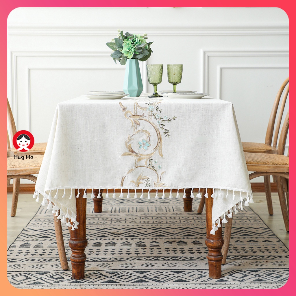 Hàng Mới Về Khăn Trải Bàn Hình Chữ Nhật Bằng Vải Cotton Lanh Thêu Họa Tiết Thanh Lịch Đơn Giản