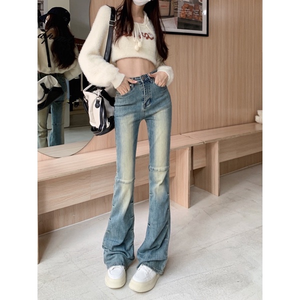 Quần loe xanh mài trắng