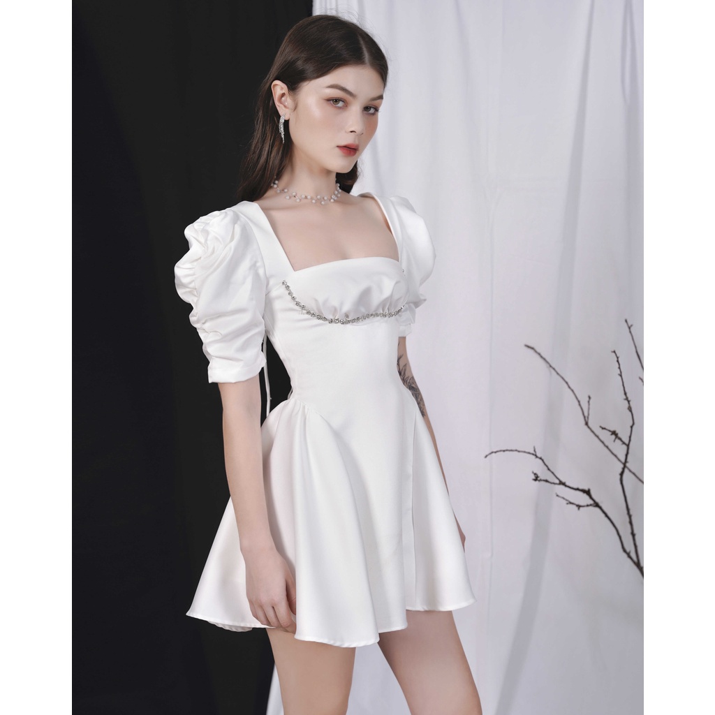 GOÛT DE JUN - Đầm nữ thiết tay cổ vuông đính đá sang trọng - VANIEE DRESS