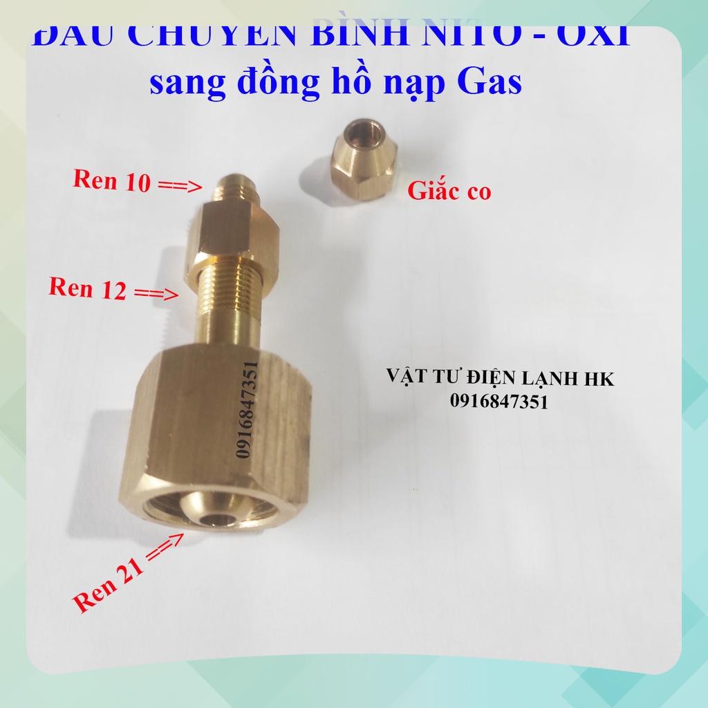 (Mới) Bộ đầu chuyển đổi bình khí nito, oxy sang đồng hồ áp suất nạp Gas - Đầu chuyển Ni tơ gió đá dây nạp ga HK1
