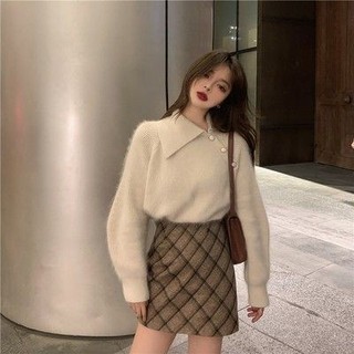 [Hàng order] Set váy áo len ulzzang Hàn Quốc áo len lông và chân váy kẻ ca rô A238 - Có ảnh thật