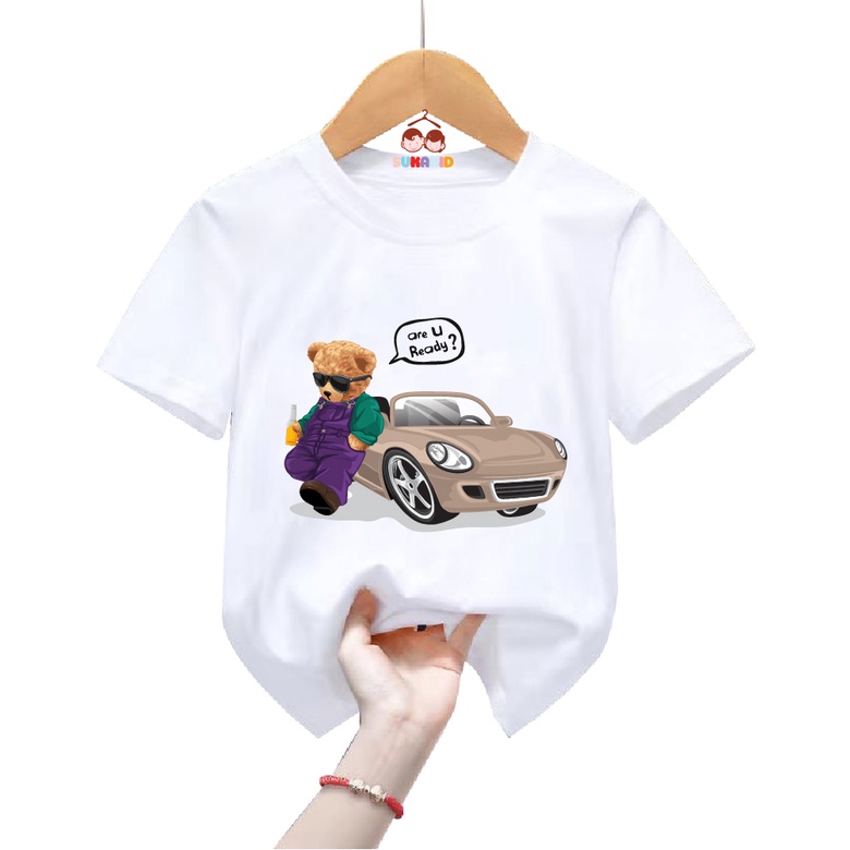 Áo thun trẻ em be trai bé gái hình gấu XE ORE READY ghita bé từ 6kg đen 30kg.G12.