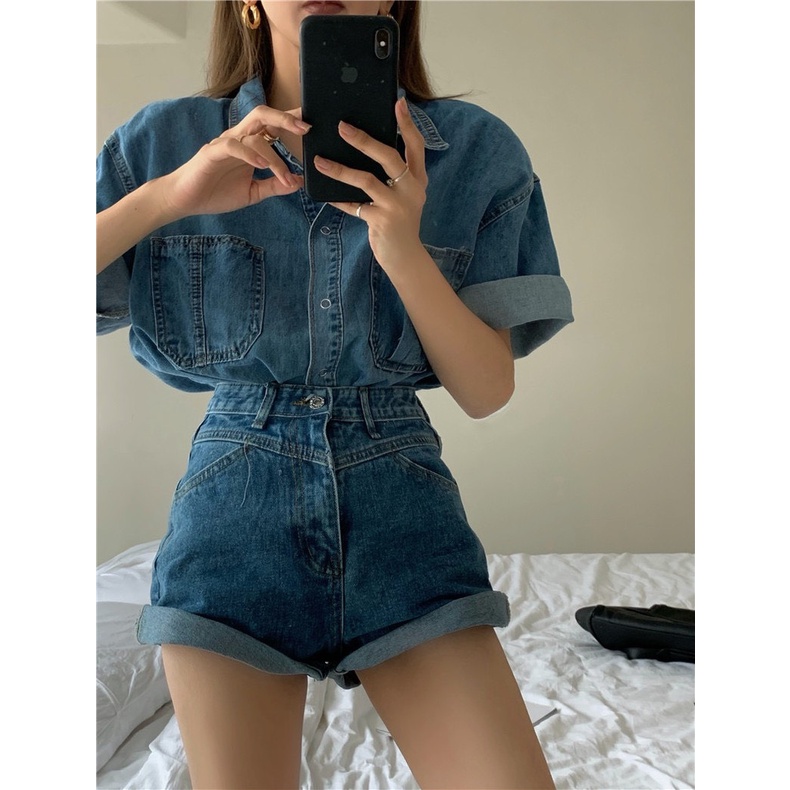 Áo Sơ Mi Jean Denim Túi Hộp Form Rộng LSEOUL S0652 Cá Tính Trẻ Trung Năng Động