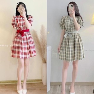 bán sỉ KBMG VÁY KẺ PHỐI ĐAI EO VIỀN CỔ XANH ĐỎ CHO NỮ