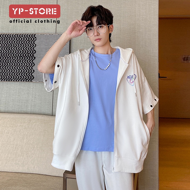 Niche Áo Khoác Cardigan Có Mũ Trùm Đầu Dáng Rộng Giả Hai Lớp Ngắn Tay Thời Trang Xuân Hè Cho Cặp Đôi