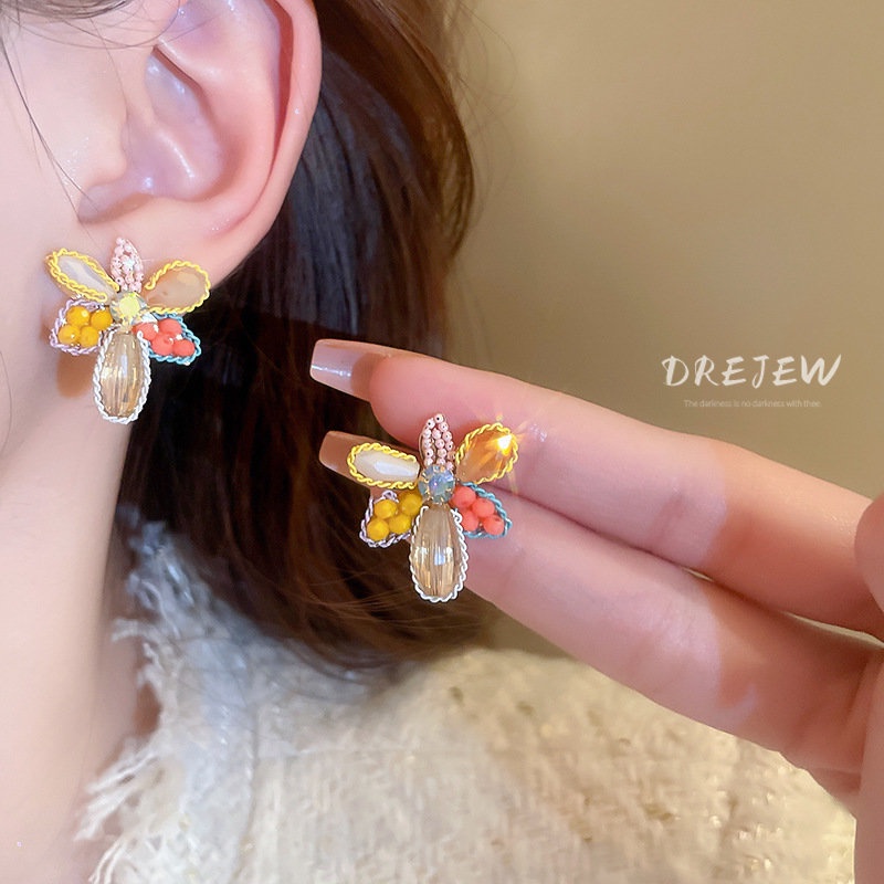 Khuyên tai DREJEW mạ bạc hình hoa đính đá dễ thương phong cách Nhật Hàn