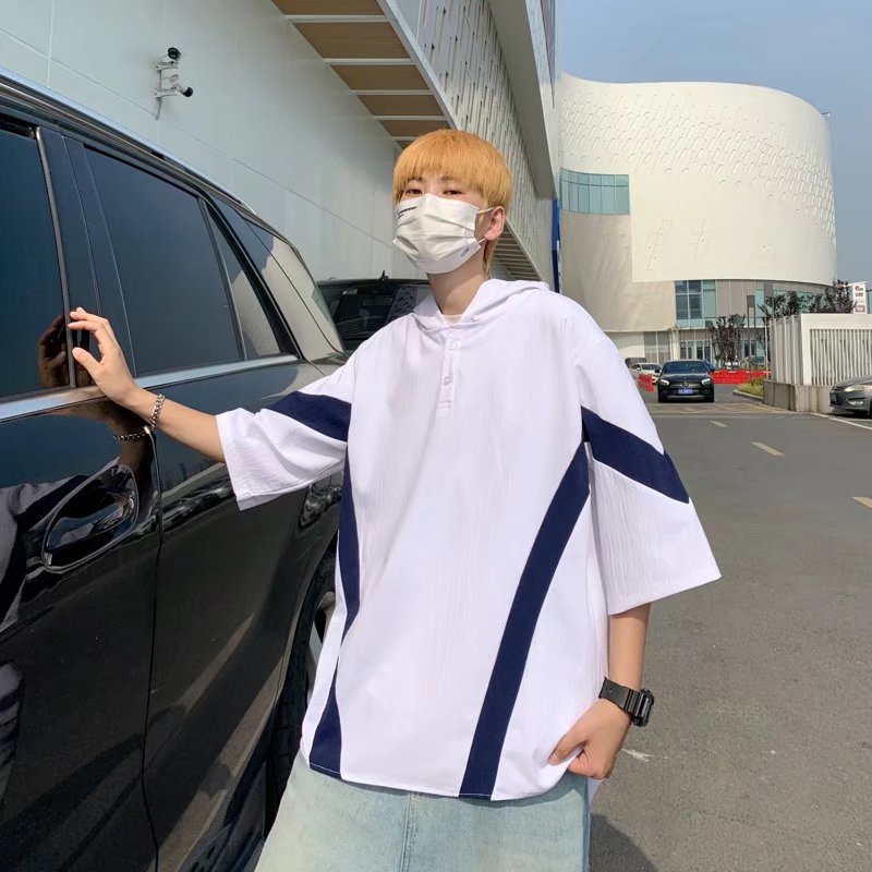 Áo Hoodie Tay Lửng Dáng Rộng Màu Sắc Tương Phản Phong Cách Nhật Bản Thời Trang Mùa Hè Cho Nam