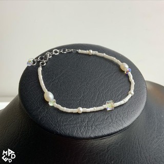 Tơ bracelet/ vòng tay hạt cườm trắng kem phối Pha Lê Áo titan-1886