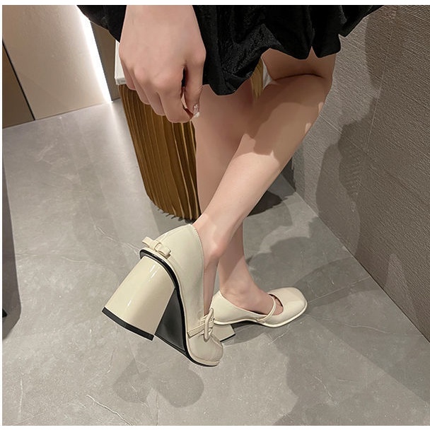 Giày nữ giày mary jane giày lolita Giày Cao Gót Mũi Vuông Chất Liệu Da Thiết Kế Đơn Giản Thời Trang Cho Nữ dép xăng đan nữ