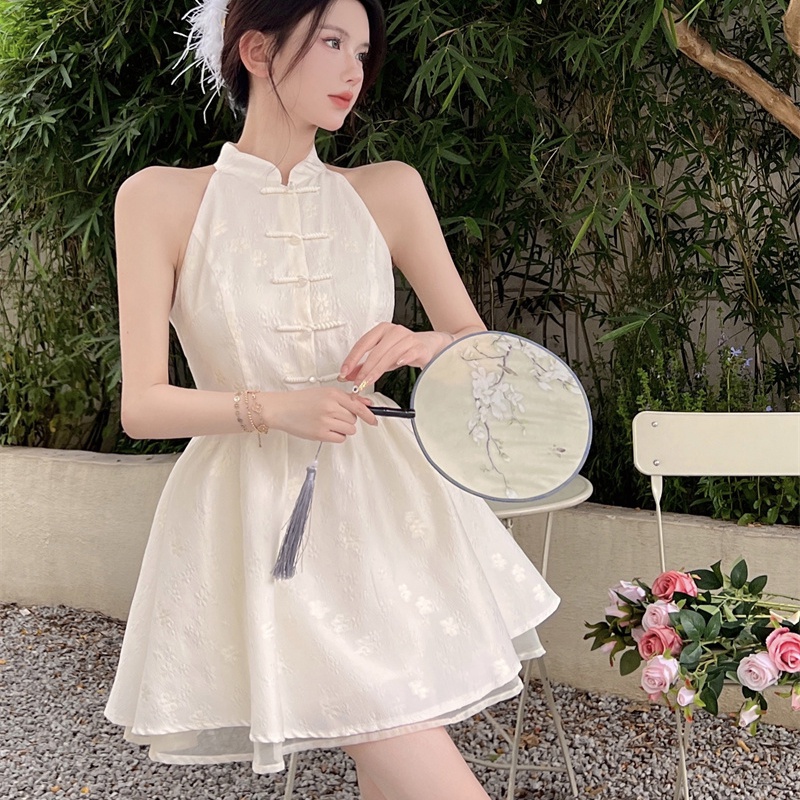 IELGY Đầm Trắng Không Tay Nhấn Eo Phong Cách retro Dành Cho Nữ