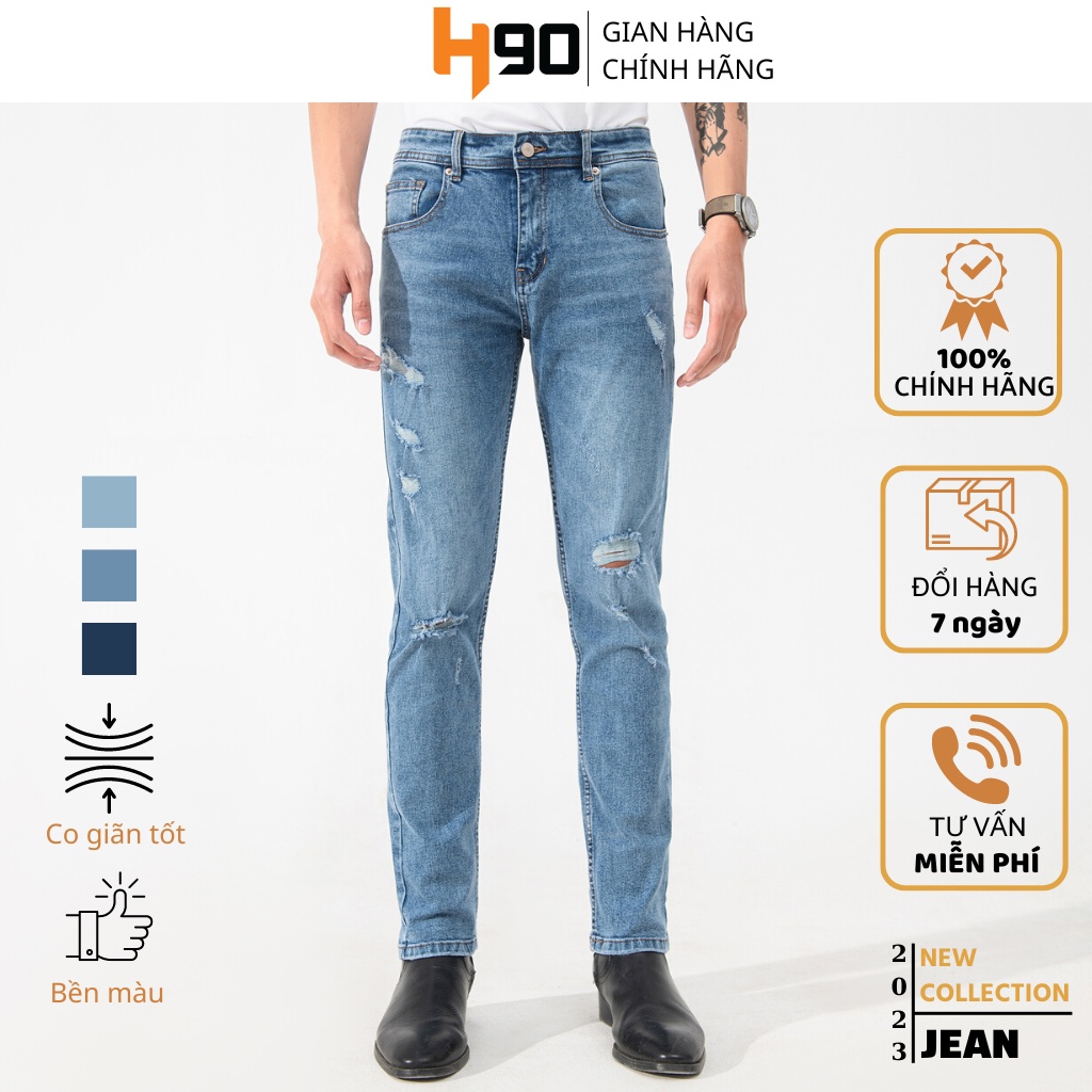 Quần Jean Nam Rách H90 Form Slimfit, Chất Bò Co Giãn Tốt Bền Màu Dáng Ống Côn Trẻ Trung Mài Rách Tự Nhiên MTRJ009