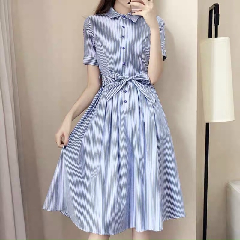 Đầm sọc xanh nơ eo (kèm hình thật)