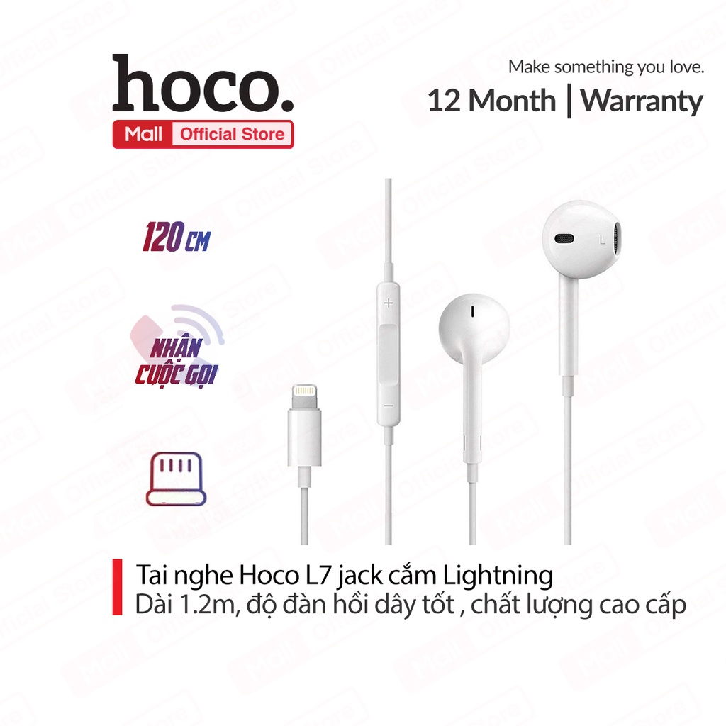 Tai nghe Hoco L7 PLus jack cắm dùng cho iPhone với chiều dài 1,2m cùng đường kính loa 14mm