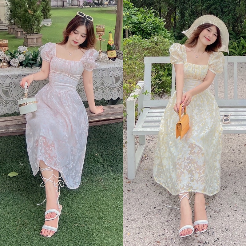 Đầm hoa xếp ngực cổ vuông