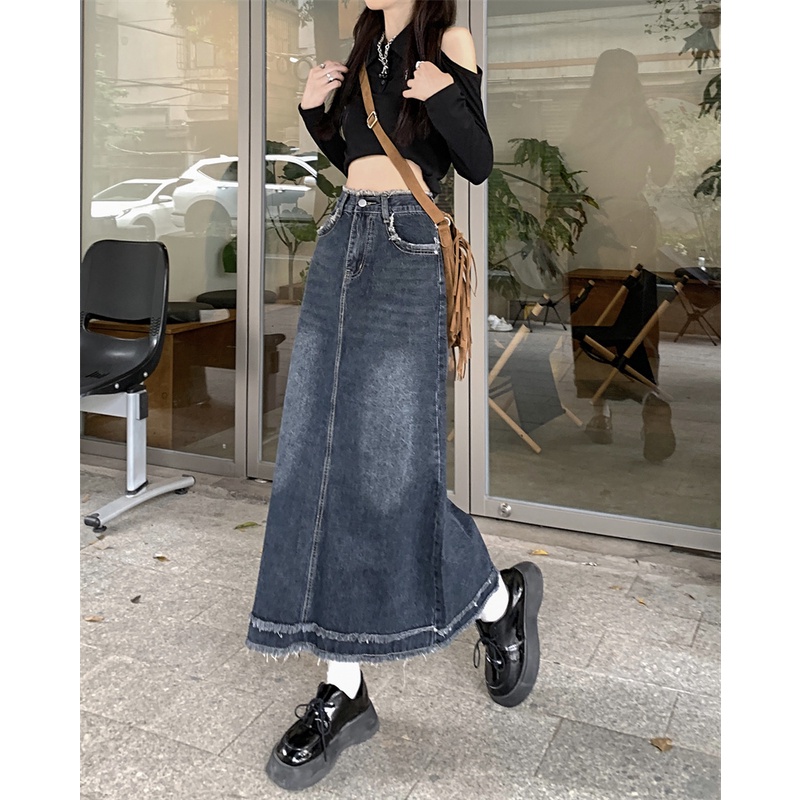 Xiaozhainv Chân váy jean Lưng Cao Phong Cách retro Thời Trang Cho Nữ