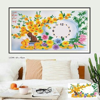 Tranh đính đá đồng hồ hoa mai phú quý KT:65x45cm, tranh chưa đính đá và chưa khung