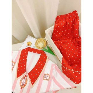 BỘ PYJAMA LỤA CỘC DÀI HOẠ TIẾT ĐỎ XINH