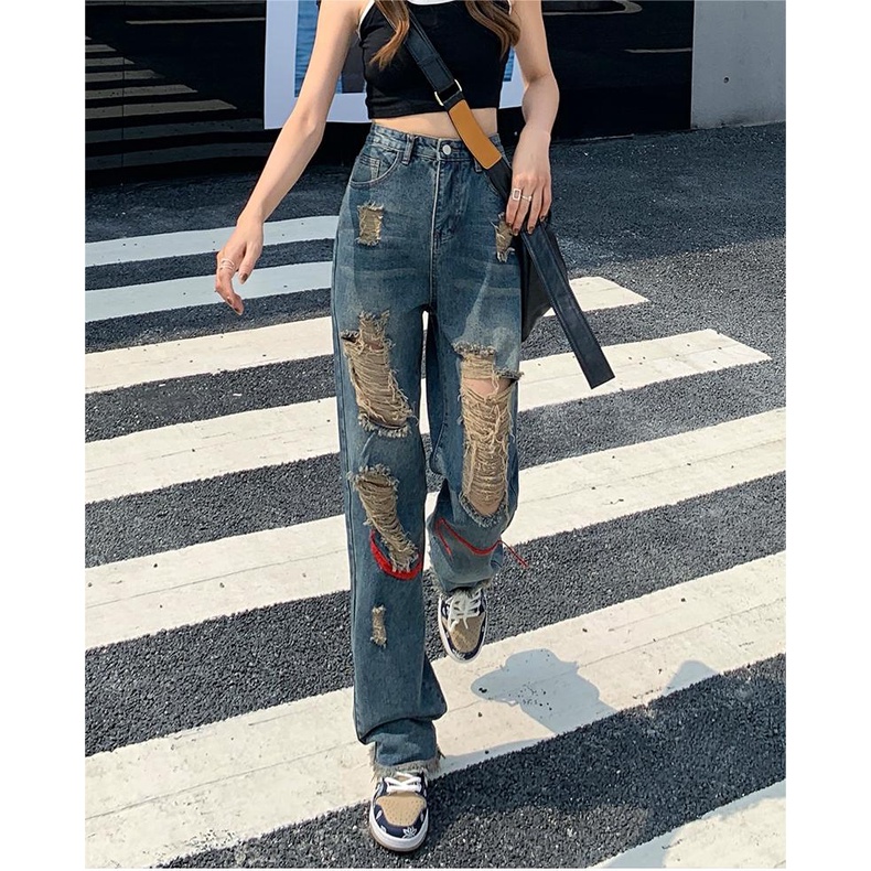 TINGYAXIU Thời trang cao eo nữ quần thủng lỗ quần ăn xin quần