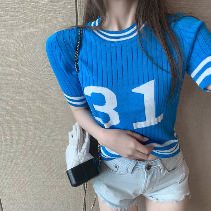 IELGYÁo Dệt Kim Lưng Cao Dáng Ngắn Họa Tiết Kẻ Sọc Nhiều Màu Sắc Thời Trang Cho Nữ