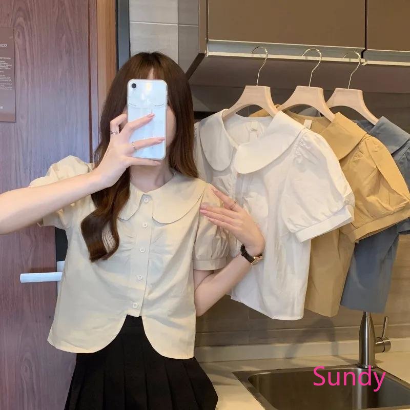 Plus Áo Sơ Mi Ngắn Tay Cổ Búp Bê Phong Cách Pháp Ngọt Ngào Thời Trang Xuân Hè Cho Nữ