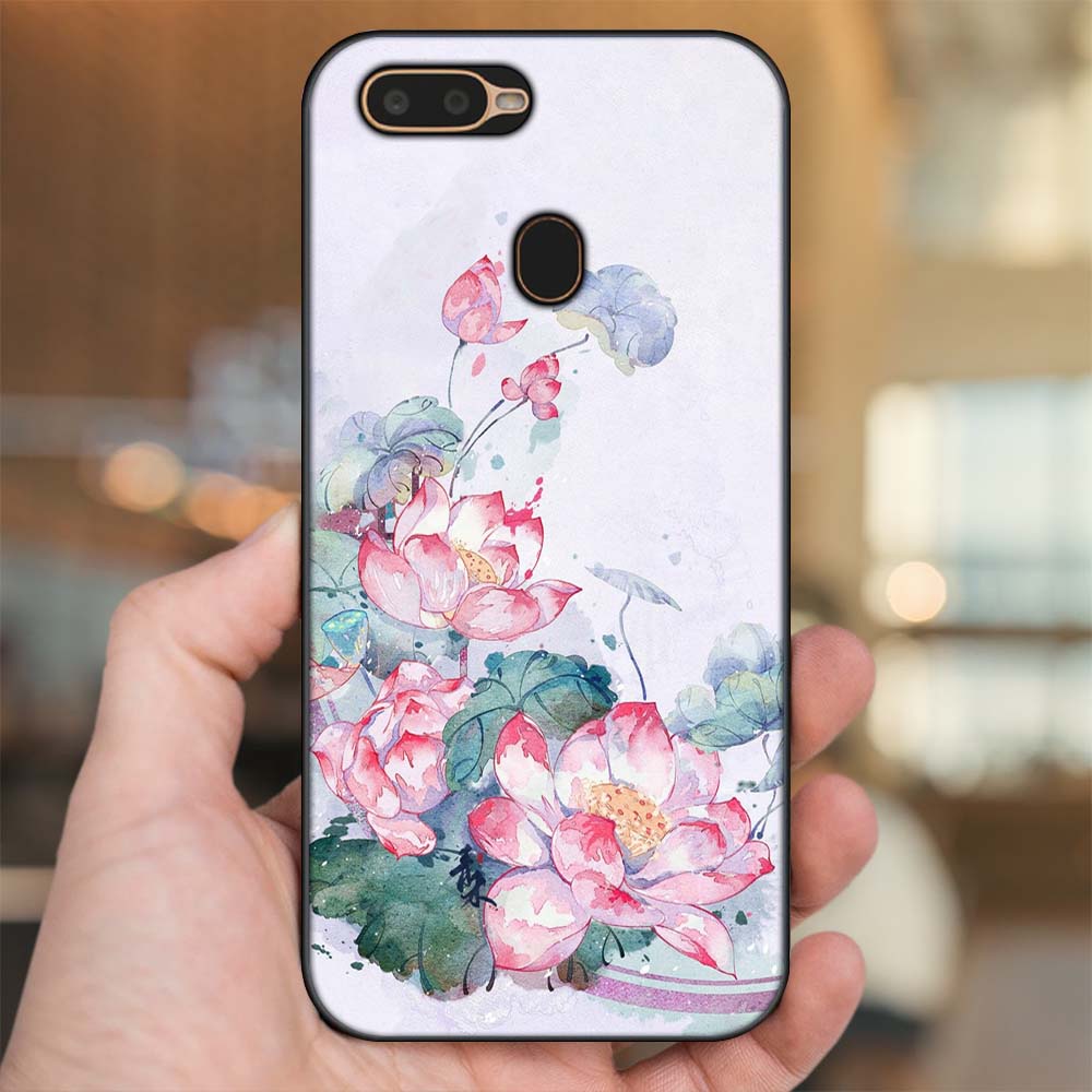 Ốp lưng Oppo A5S, A7, A12, F9 viền đen in hình Hoa Sen Hoa Đẹp