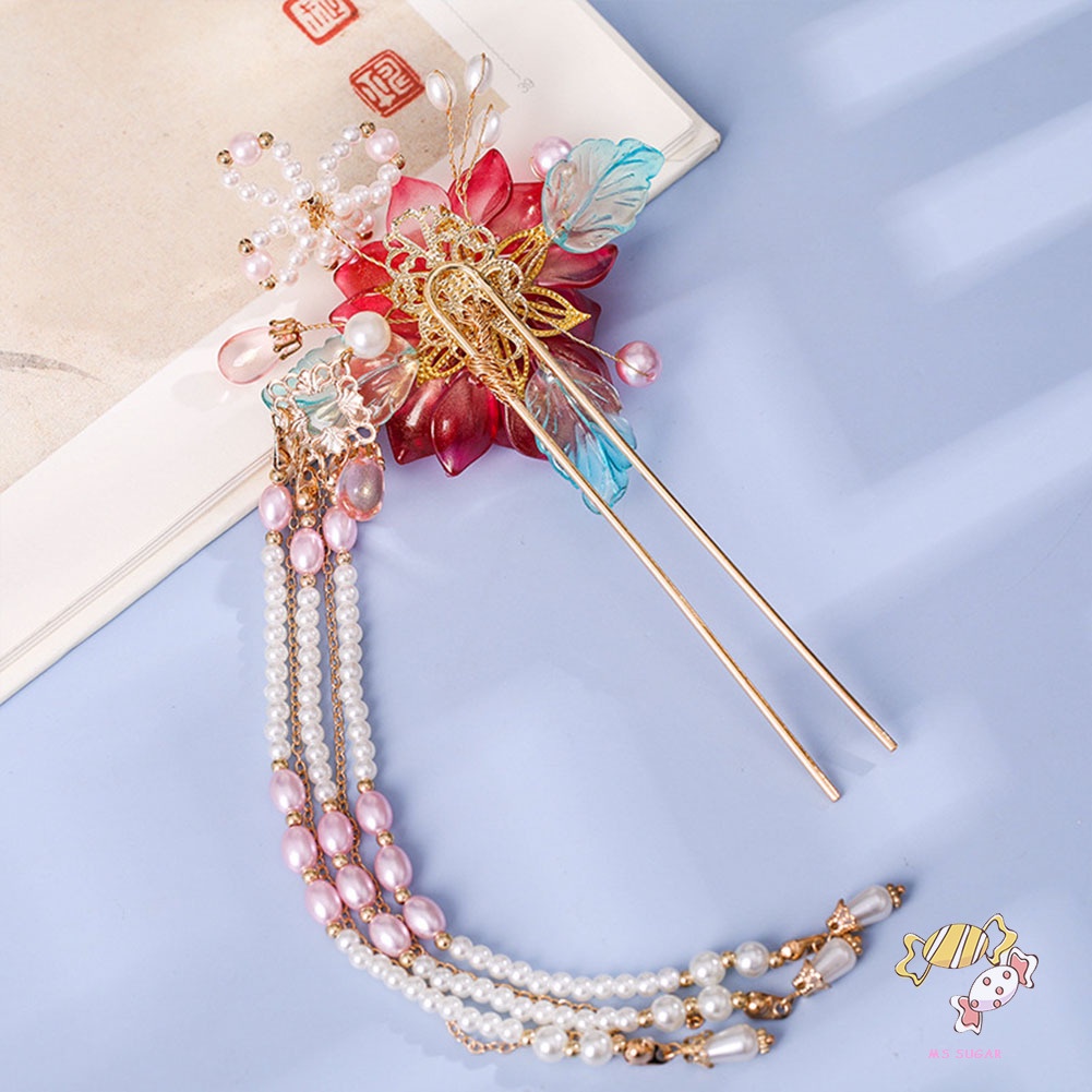 YADORNOS Trâm Cài Tóc Tua Rua Dài Màu Đỏ Phong Cách Trung Hoa Cho Nữ