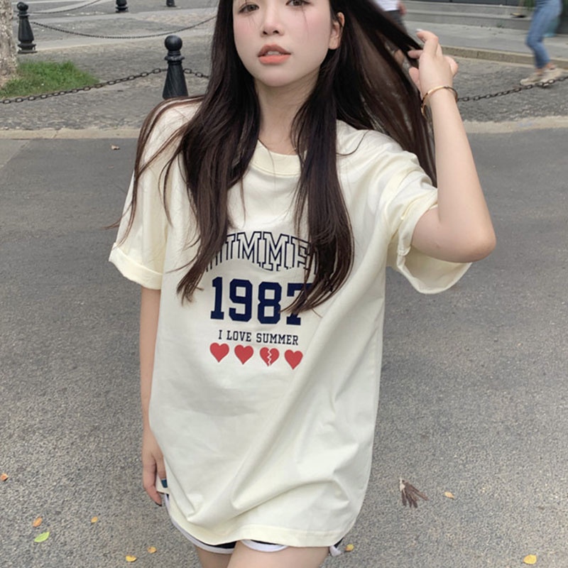 Áo thun nữ XINLANYASHE cổ tròn ngắn tay in chữ thời trang 2023