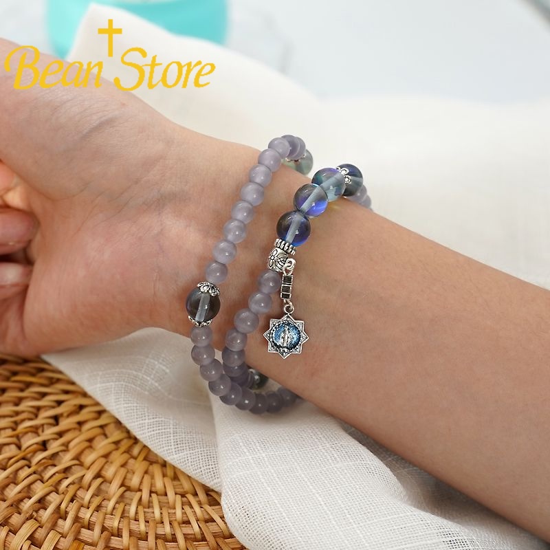Vòng Đeo Tay Co Giãn Hai Vòng Mắt Mèo Nhiều Màu Hoa Hồng Rosary Holy Nhập Khẩu Ý