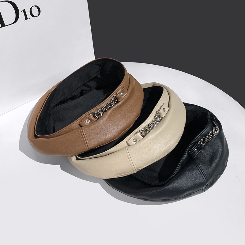 Mũ beret Da pu Cao Cấp Phối Dây Xích Phong Cách Anh Quốc Nhật Hàn Cho Nam Nữ