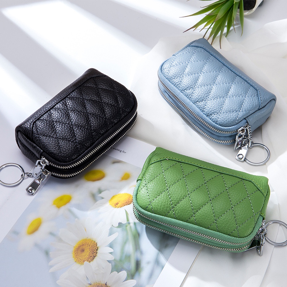 Ví Tiền Xu Hai Lớp Bằng Da Bò Đính Kim Cương Mini Có Khóa Kéo