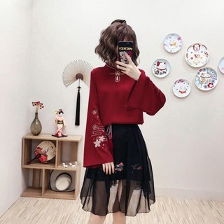 [Order]  Áo lên mỏng cổ tàu + chân váy phối lưới thêu hoa anh đào