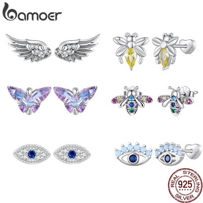 Bamoer Bông Tai bạc 925 Hình Cánh Thiên Thần / Bướm / Ong / Mắt Quỷ 4 Loại Thời Trang