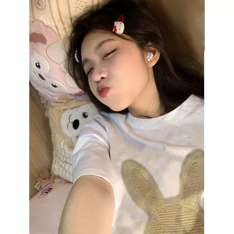 Áo Thun Cotton Tay Ngắn Dáng Rộng In Họa Tiết Chú Thỏ Phong Cách Hàn Quốc Thời Trang Cho Nữ