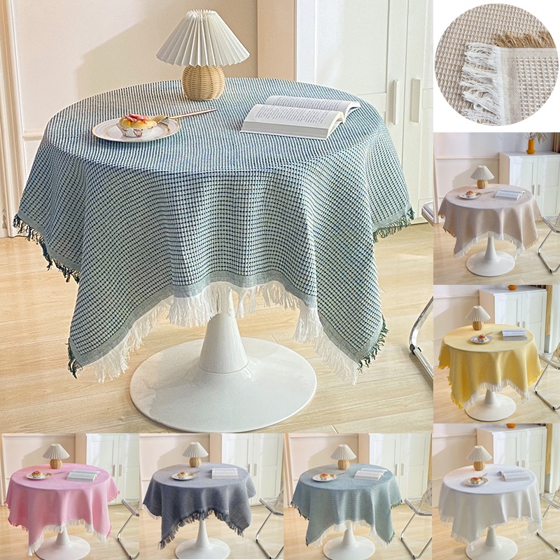 Khăn Trải Bàn Tròn Bằng Cotton Lanh Phối Tua Rua Phong Cách Nhật Hàn Độc Đáo Trang Trí Nhà Cửa