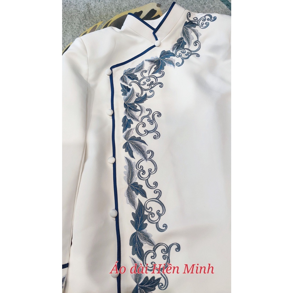 Áo dài nam hoạ tiết thêu tay cao cấp, may 2 lớp , tay vest đứng form áo, Tặng kèm khăn xếp cùng màu áo