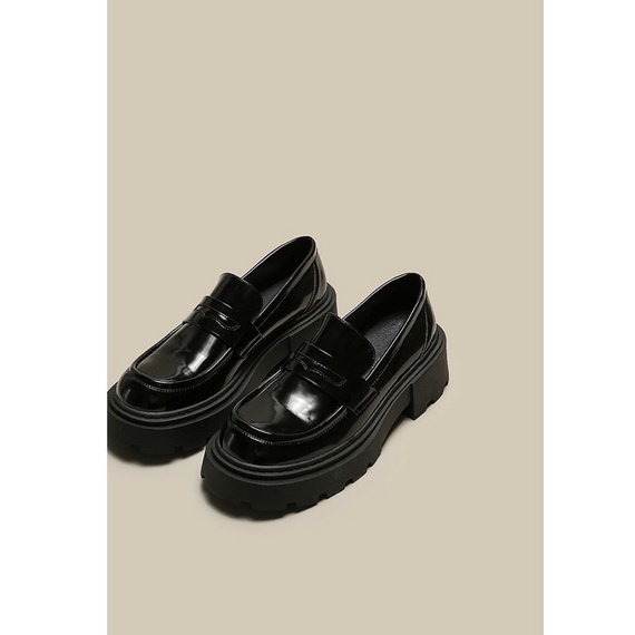 Giày lười đế cao  6cm da bóng  mũi tròn vintage  Oxford hàng loại 1