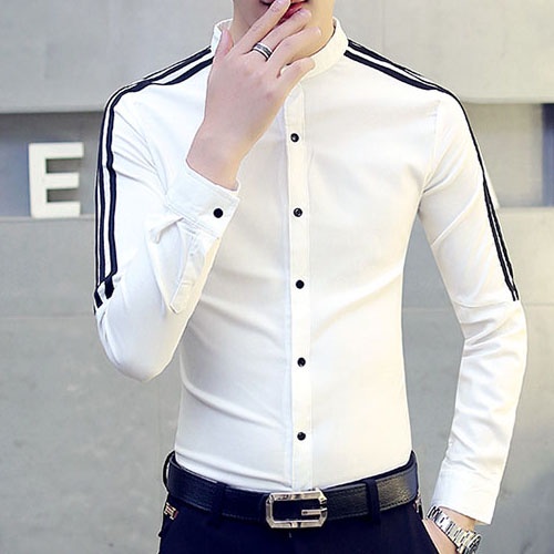 Áo sơ mi, áo sơ mi nam cổ trụ phom body cực nam tính và trẻ trung, kẻ sọc 2 vai tạo nên điểm nhấn cực đẹp - H25