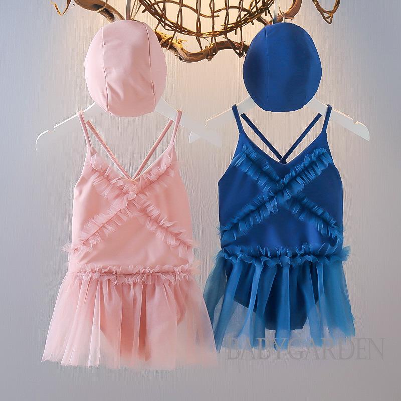 Bộ Đồ Bơi + Mũ Vải Tuyn Màu Trơn / Dâu Tây Dễ Thương Thời Trang Mùa Hè Cho Bé Gái 1-4 Tuổi