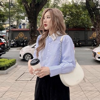 Áo Sơ Mi Kẻ Xanh Pha Cổ Trắng Chất Mềm Mát [Ảnh Thật]