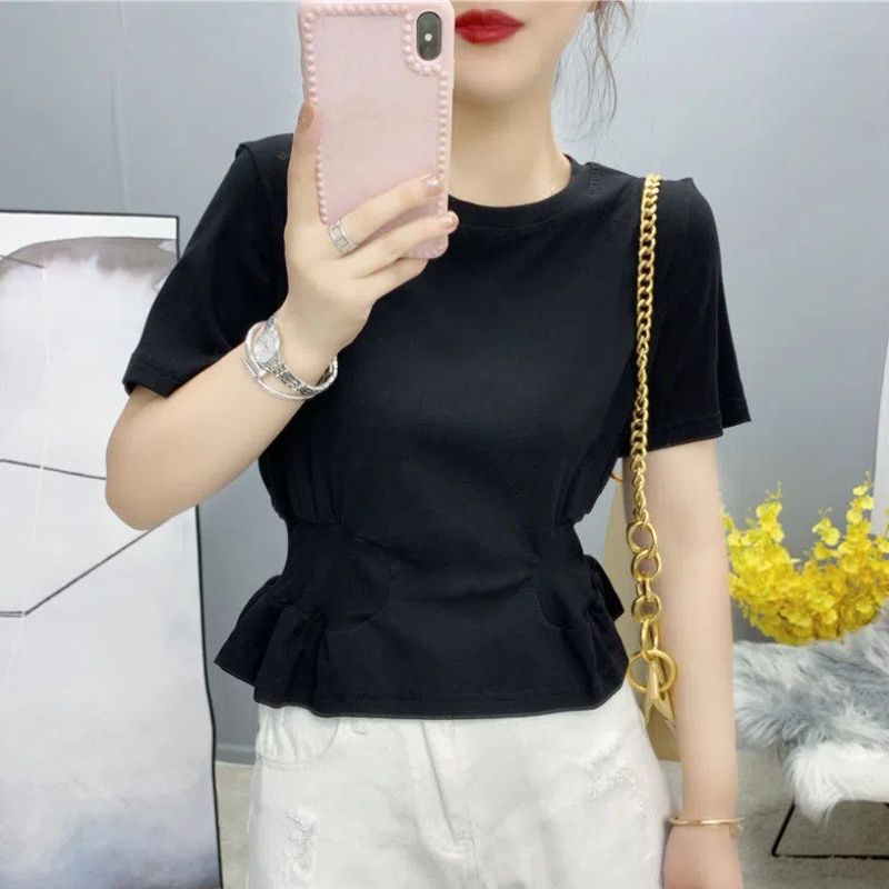 Áo Thun Nữ Ngắn Tay Cổ Tròn Màu Trơn Thời Trang Mùa Hè Mới