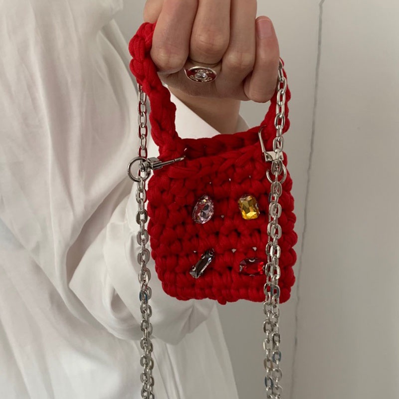 MISCHA Túi Đeo Chéo mini Màu Trơn Đính Đá Thời Trang Hàn Quốc