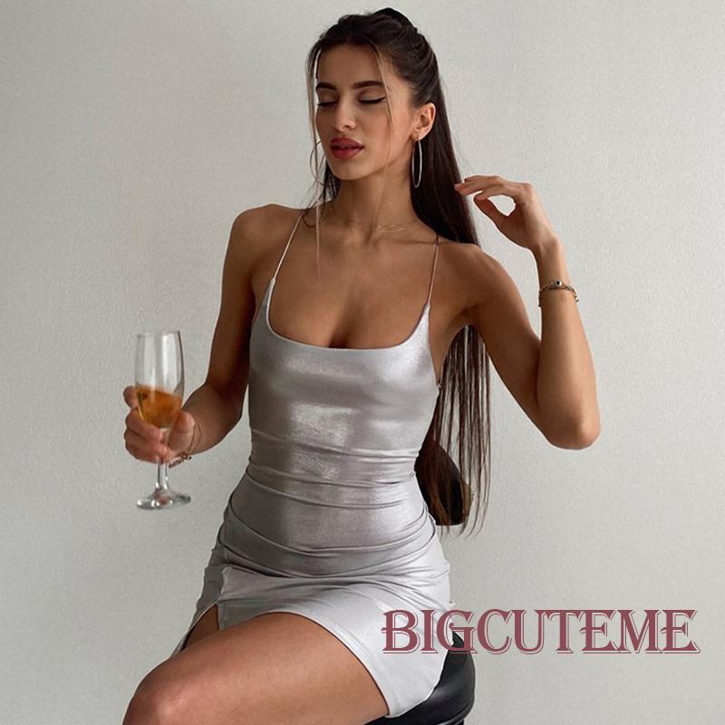 [] - Đầm Mini Hai Dây Màu Trơn Ôm Dáng Xẻ Tà Ánh Kim Lấp Lánh Cho Nữ