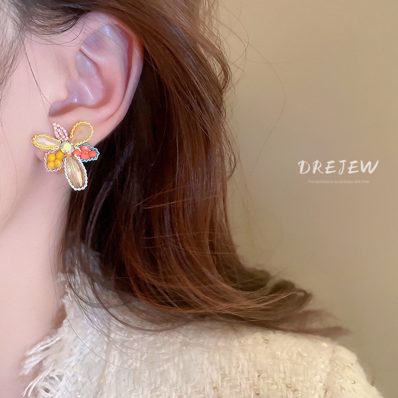 Khuyên tai DREJEW mạ bạc hình hoa đính đá dễ thương phong cách Nhật Hàn